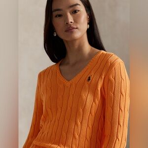 Polo Ralph Lauren Cable-Knit Cotton V-Neck Sweater Orange